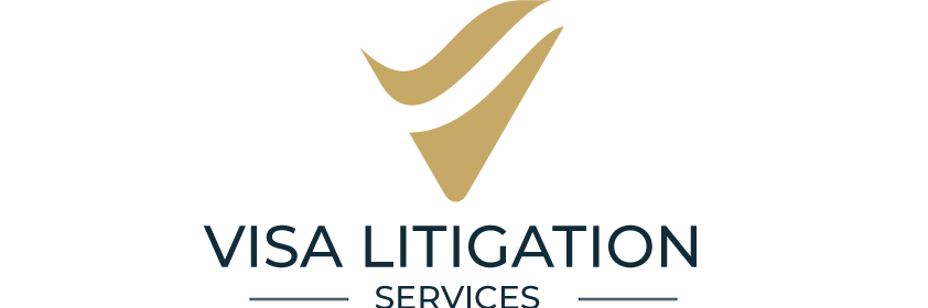 Logo for Visa Litigation Services featuring a gold stylized checkmark symbol above the company name and service details.