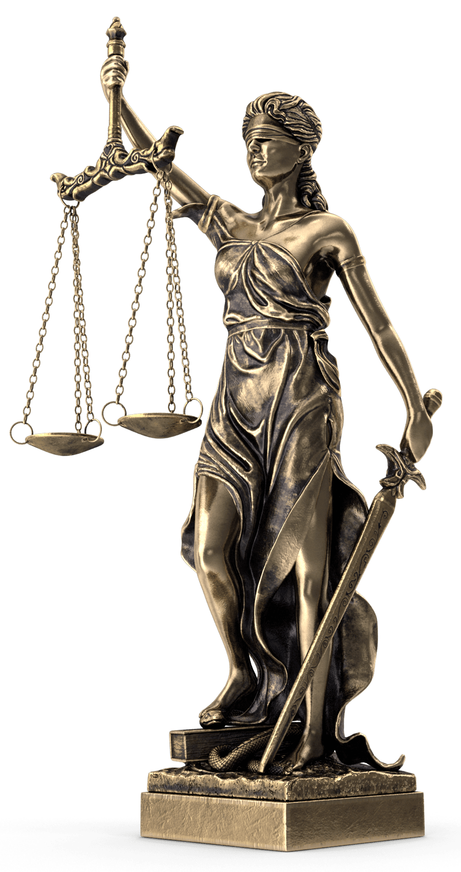 Antique bronze statue of Lady Justice, blindfolded, holding scales and a sword, standing on books with a snake.