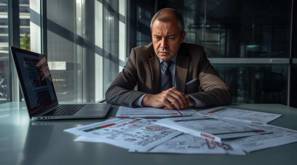 Serious business owner reviewing employee work permits and legal documents at desk, concerned expression, immigration compliance paperwork spread out, official stamps - foreign workers