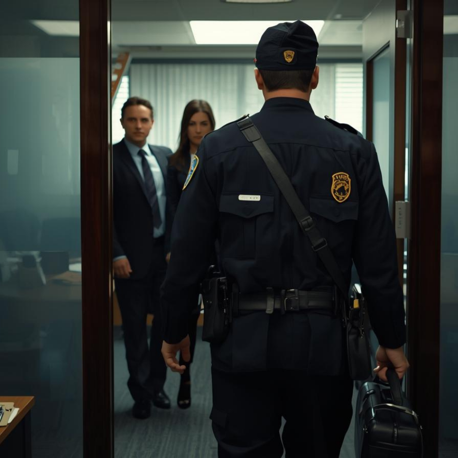 government immigration inspector in police uniform entering office with official briefcase and badge visible, employer looking anxious in background, serious inspection atmosphere - foreign employee